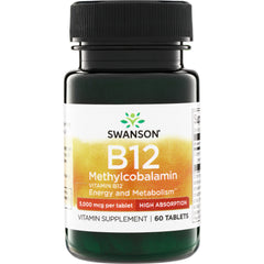 SWU122 | Swanson B12 Methylcobalamin supplement, 5,000 mcg per tablet, high absorption, 60 tablets