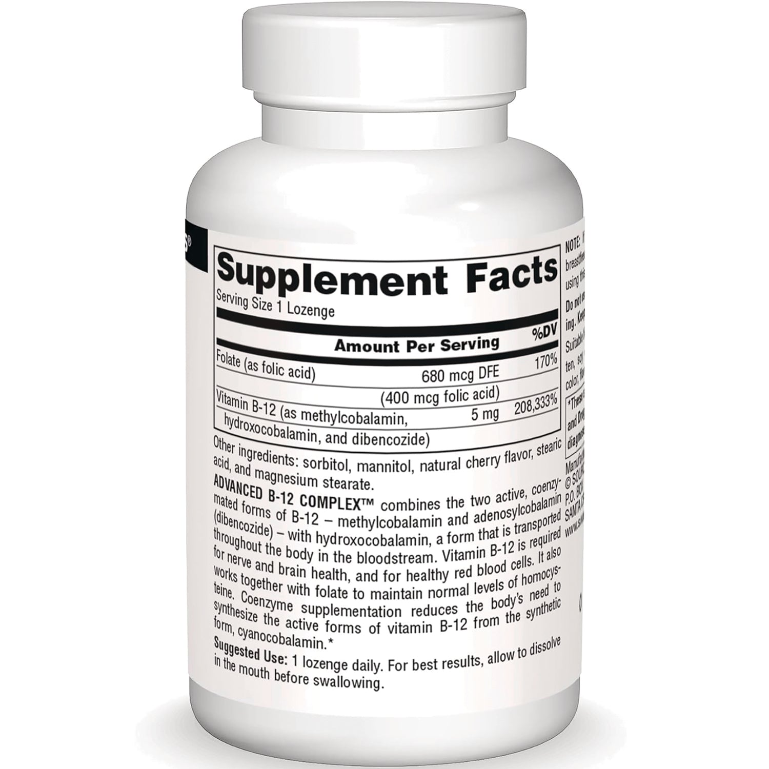 SN502 | Back label with Supplement Facts panel and ingredients for lozenges