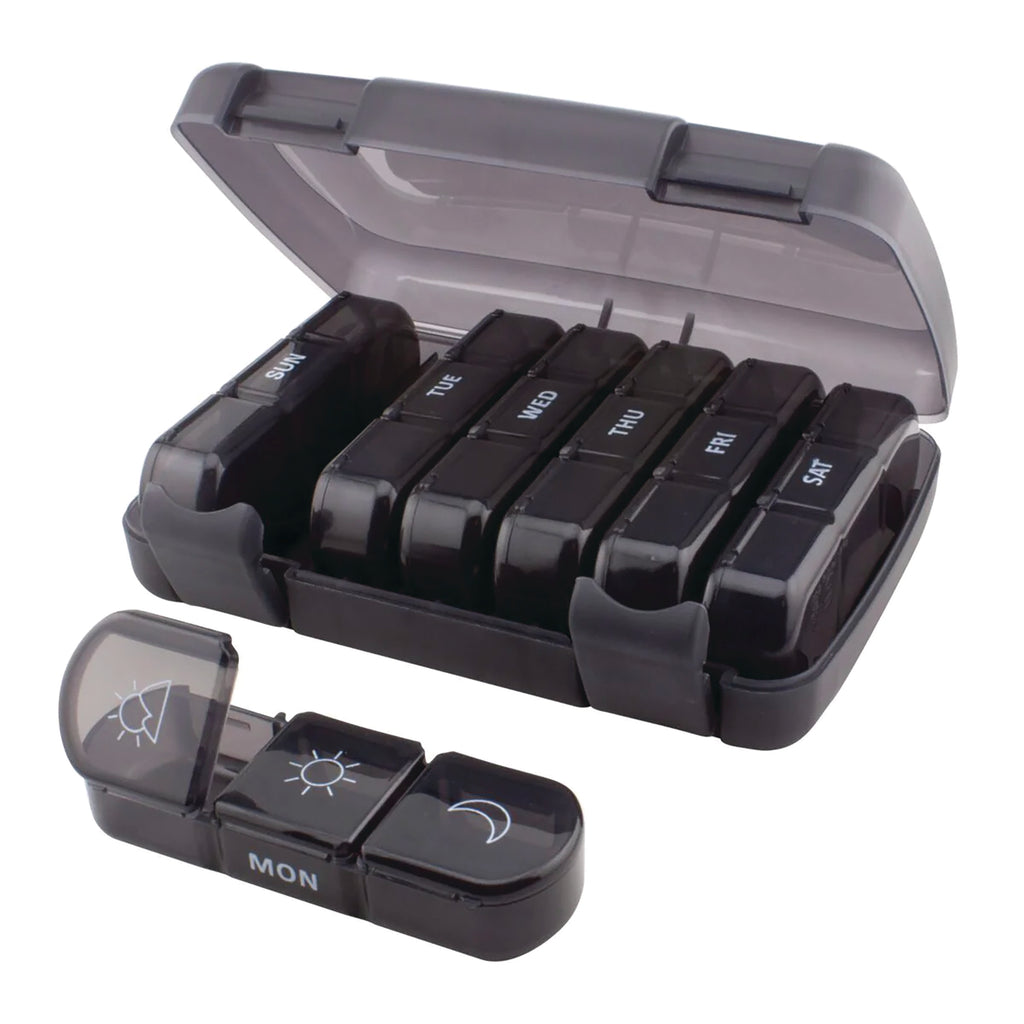 APP11 | Black weekly pill organizer with removable daily trays labeled MONSUN and morning/night icons - Thumbnail