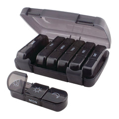 APP11 | Black weekly pill organizer with removable daily trays labeled MONSUN and morning/night icons