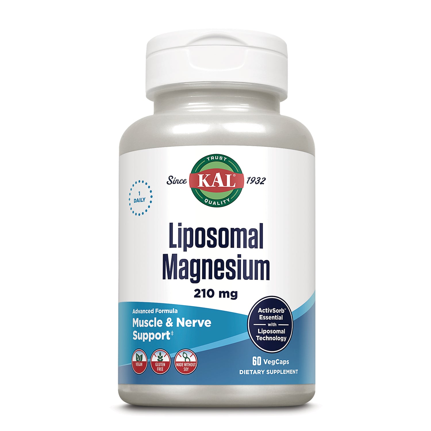 KL585 | KAL Liposomal Magnesium 210 mg supplement bottle front label showing 60 VegCaps