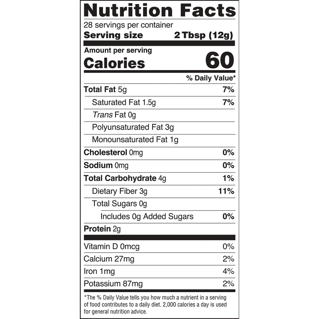Nutrition Facts label showing serving size 2 Tbsp (12g), 60 calories, Total Fat 5g, Total Carbohydrate 4g, Protein 2g, vitamins and minerals - Thumbnail