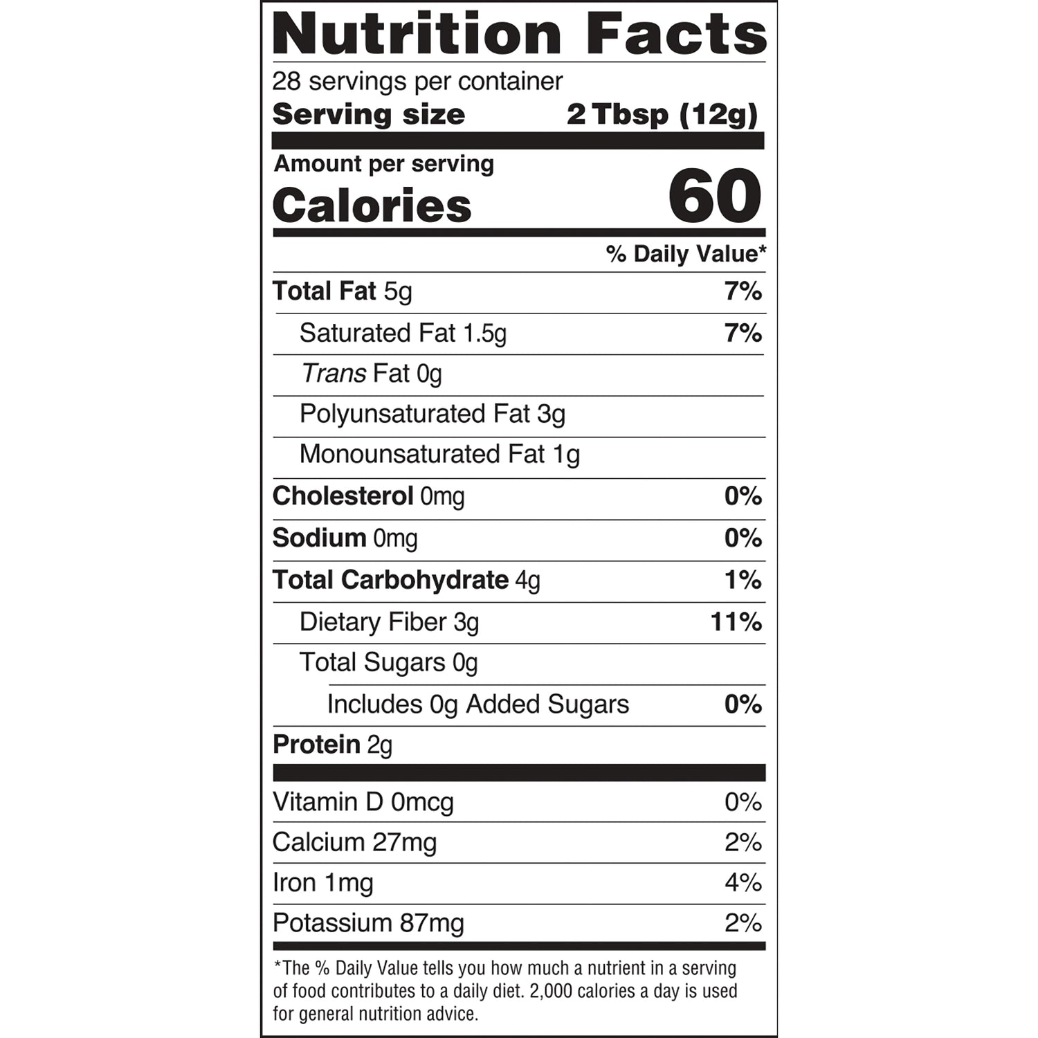 Nutrition Facts label showing serving size 2 Tbsp (12g), 60 calories, Total Fat 5g, Total Carbohydrate 4g, Protein 2g, vitamins and minerals