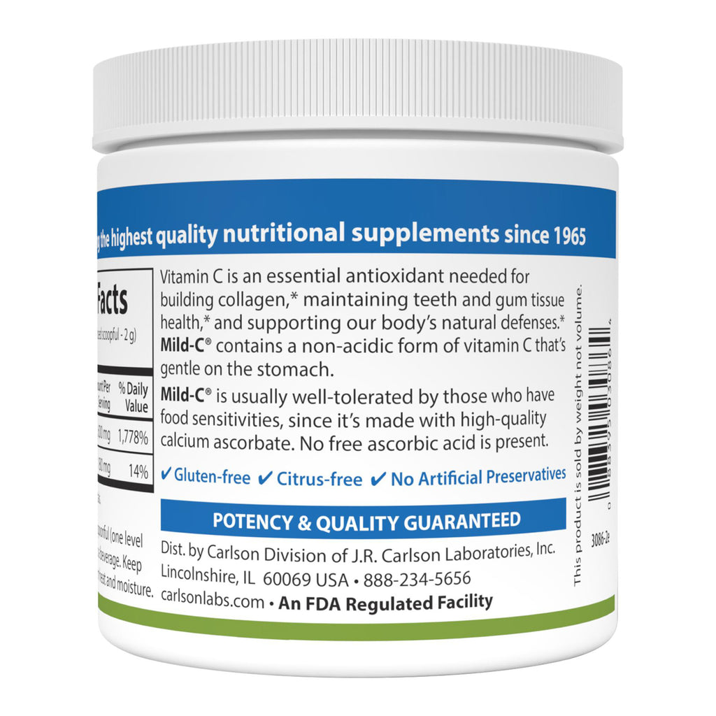 CSN030 | Front of a Carlson Vitamin C supplement jar with label text and supplement facts - Thumbnail