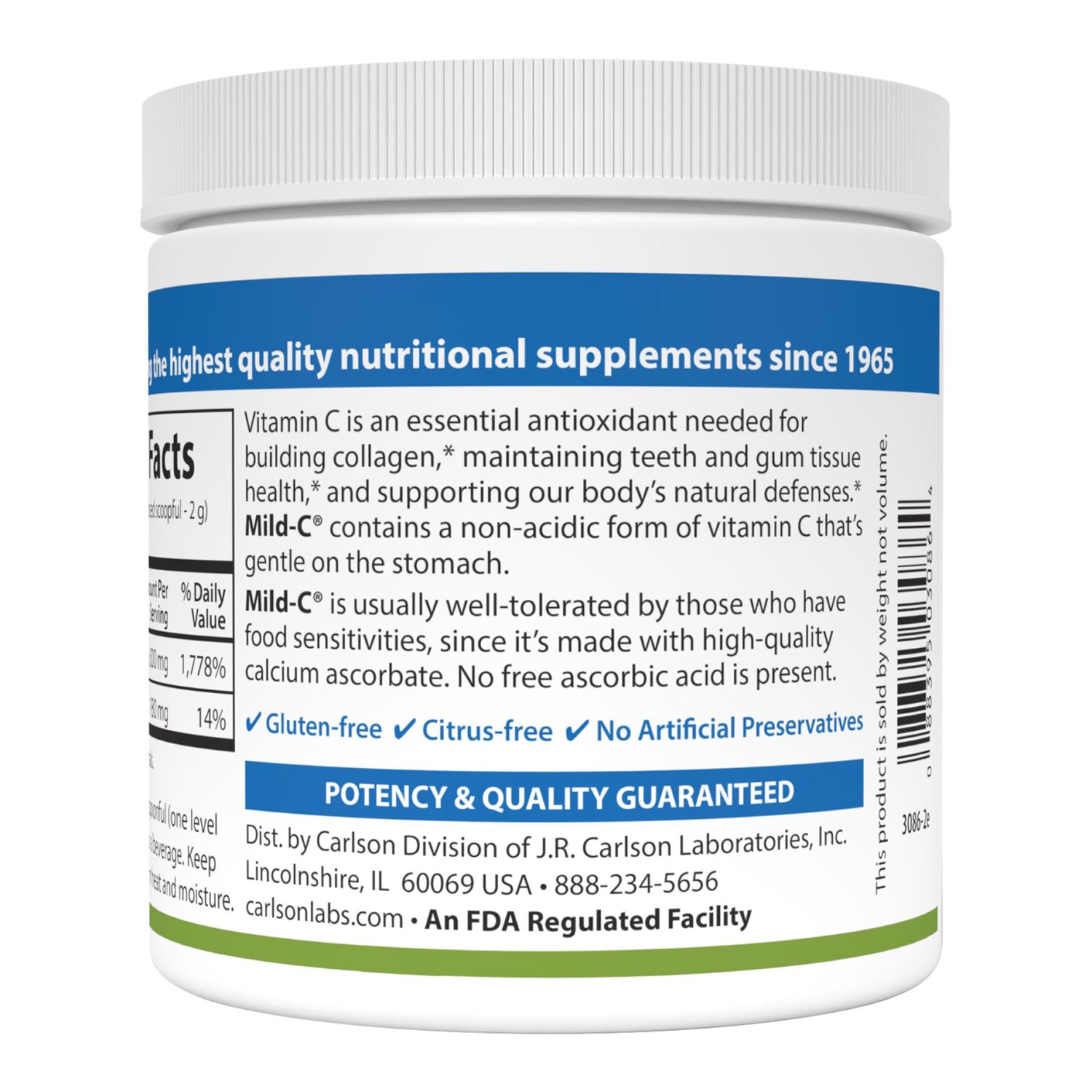 CSN030 | Front of a Carlson Vitamin C supplement jar with label text and supplement facts