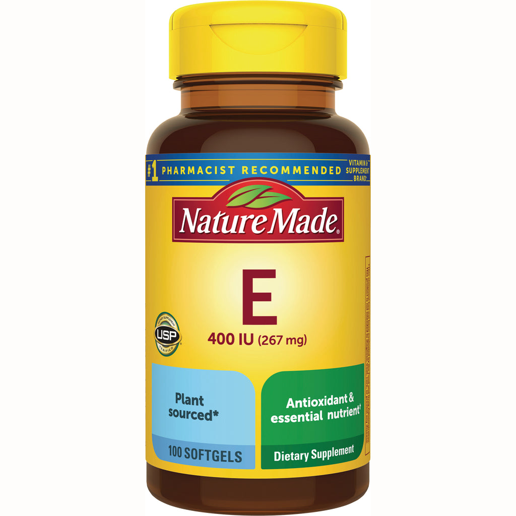 NTM178 | Nature Made Vitamin E bottle, 400 IU (267 mg), 100 softgels, yellow label with Nature Made logo - Thumbnail