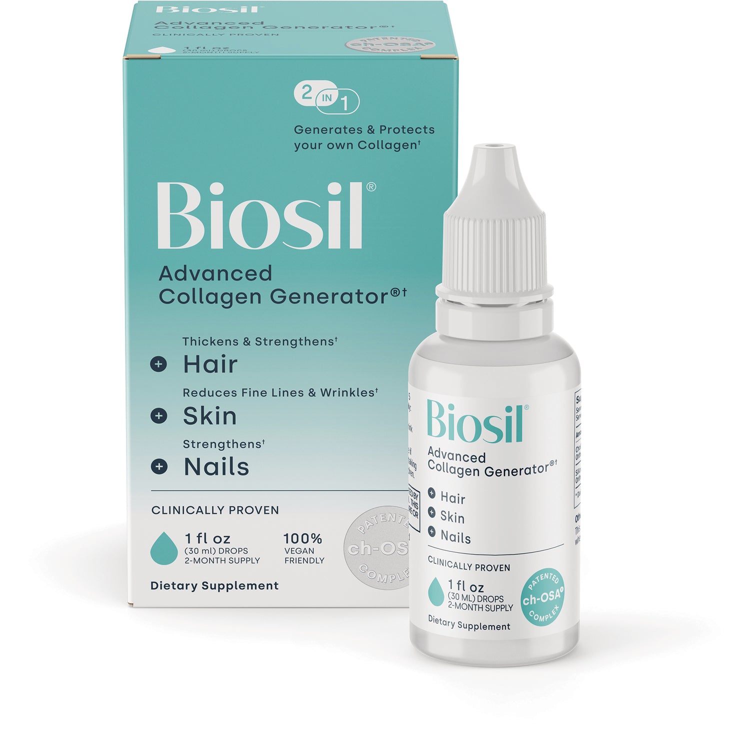 NFC054 | Biosil Collagen Generator teal 30ml drops supplement box labeled ch-OSA and vegan friendly