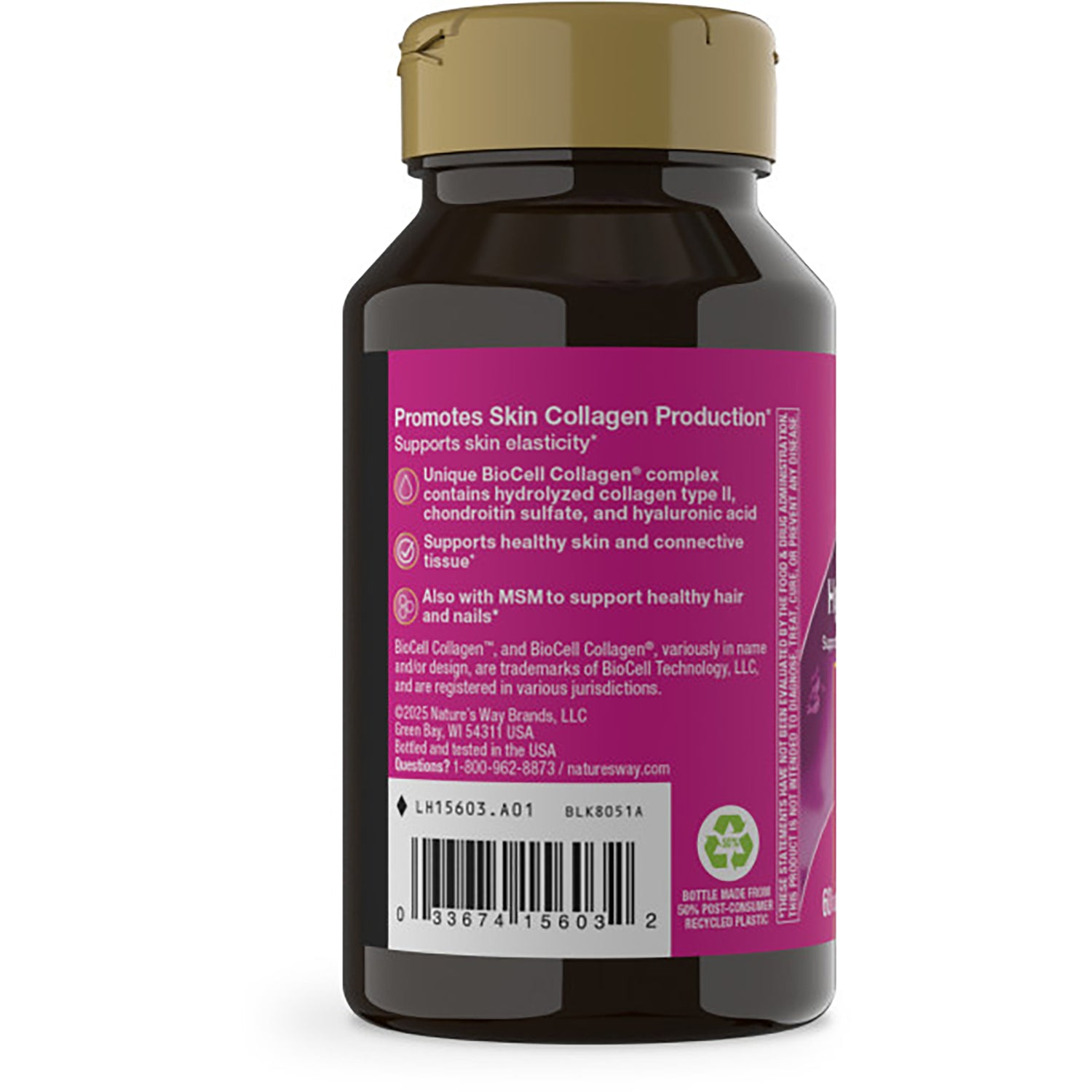 NW625 | Back of brown supplement bottle with pink label reading Promotes Skin Collagen Production and barcode