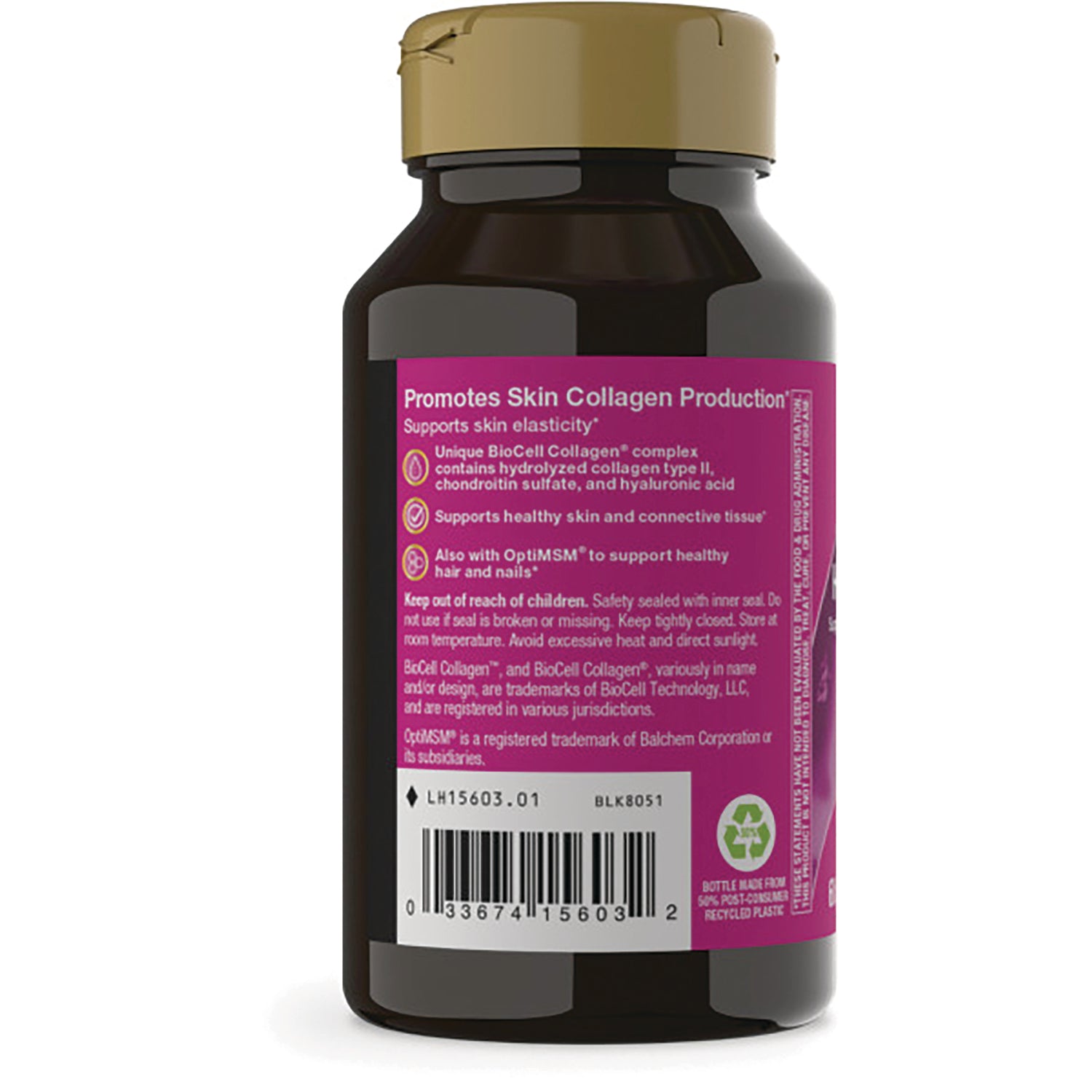 NW625 | Back of brown supplement bottle with pink label reading Promotes Skin Collagen Production and barcode