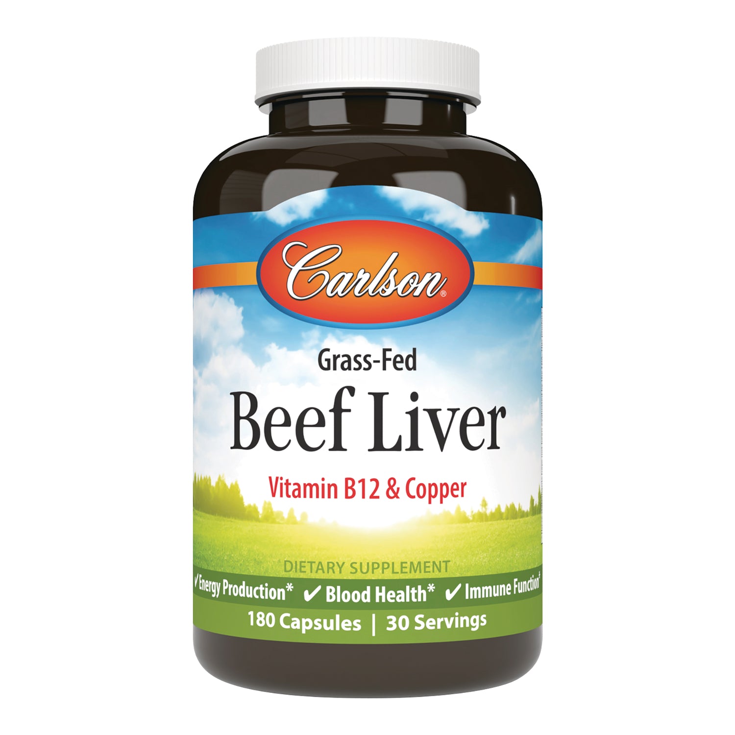 CSN338 | Carlson Grass-Fed Beef Liver supplement bottle, Vitamin B12 & Copper, 180 capsules