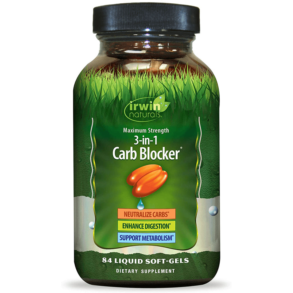 IR208 | Irwin Naturals 3-in-1 Carb Blocker bottle showing label reading 3-in-1 Carb Blocker and 84 liquid soft-gels - Thumbnail