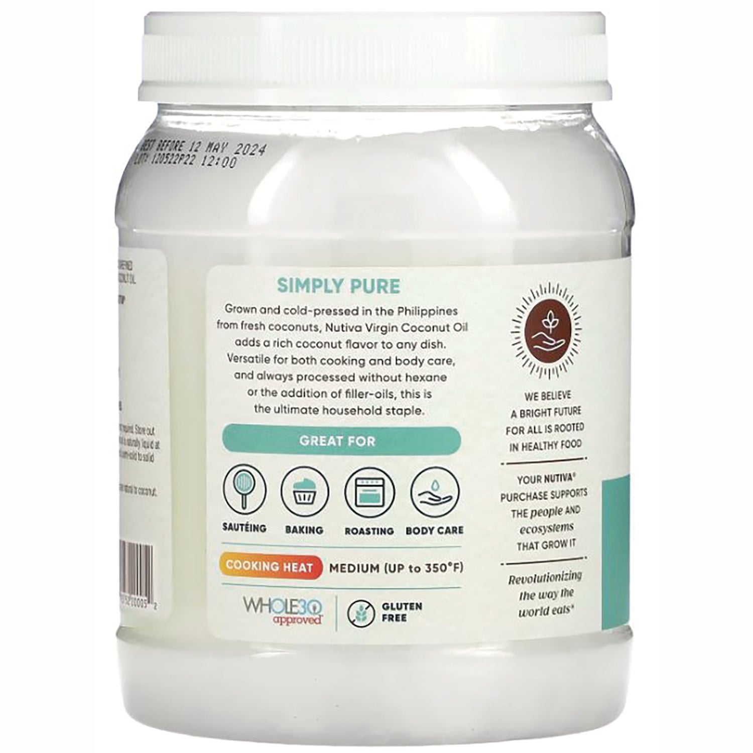 NTV001 | Back label of jar reading Simply Pure with usage icons for sauting, baking, roasting, body care and cooking heat info