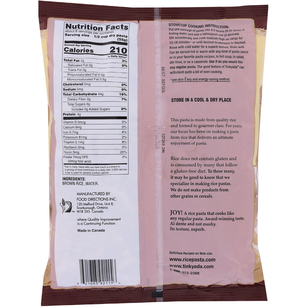 TKY010 | Back of Tinkyada rice pasta package with Nutrition Facts, ingredients, and stovetop cooking instructions - Thumbnail