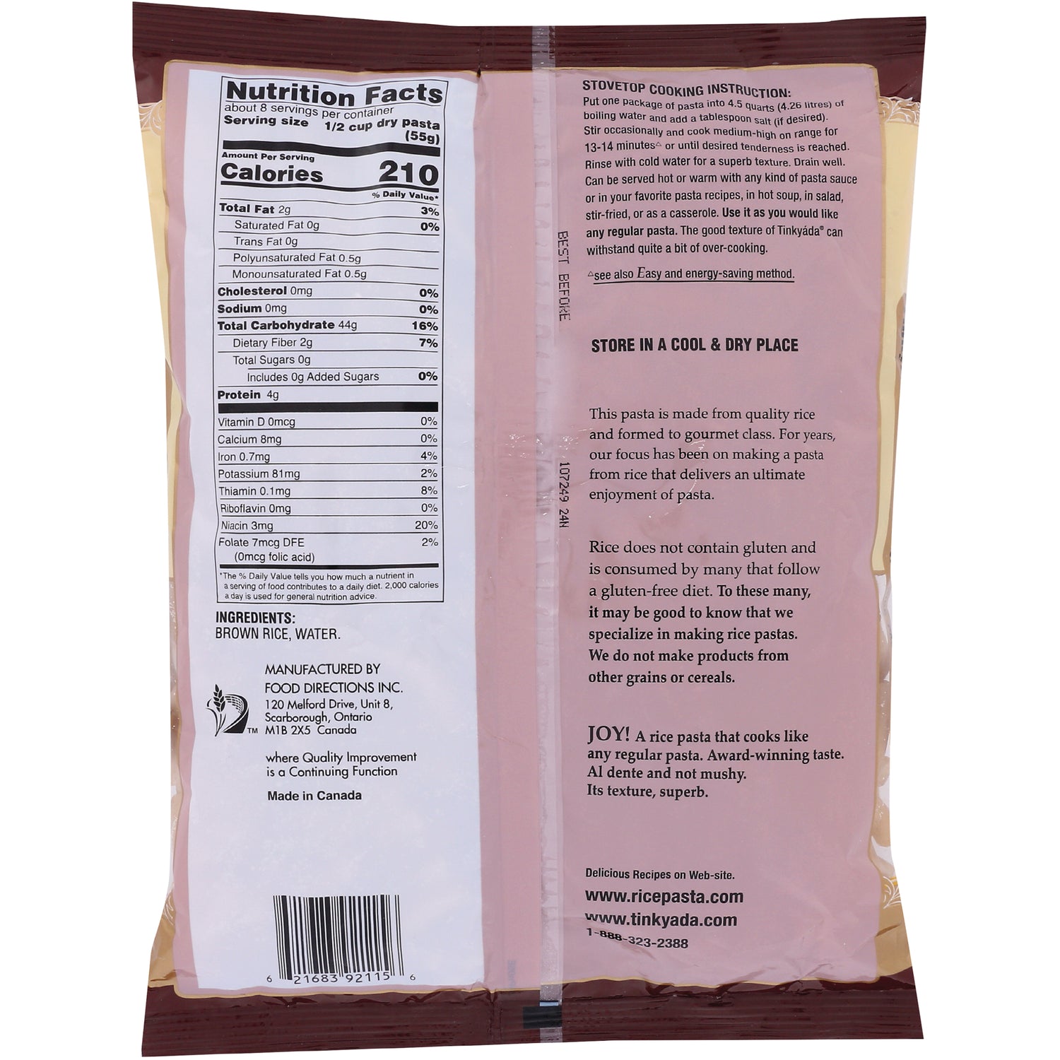 TKY010 | Back of Tinkyada rice pasta package with Nutrition Facts, ingredients, and stovetop cooking instructions