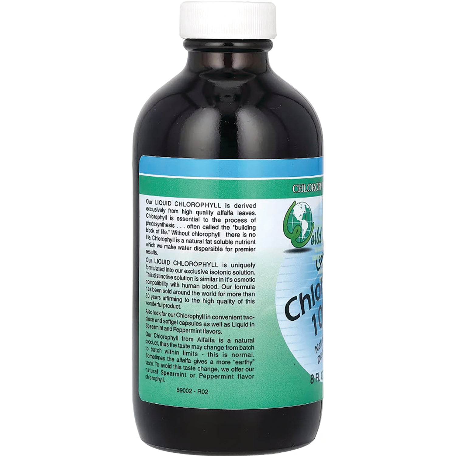 WOG008 | Back label of liquid chlorophyll 8 fl oz bottle with product information text