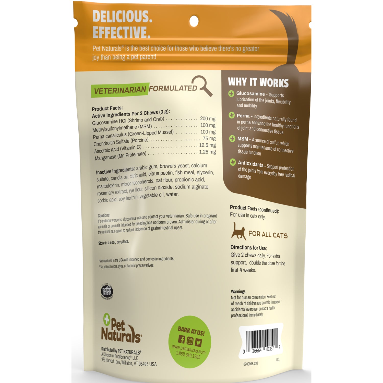 PTN078 | Back of Pet Naturals cat supplement pouch showing product facts, active ingredients, why it works panel and barcode