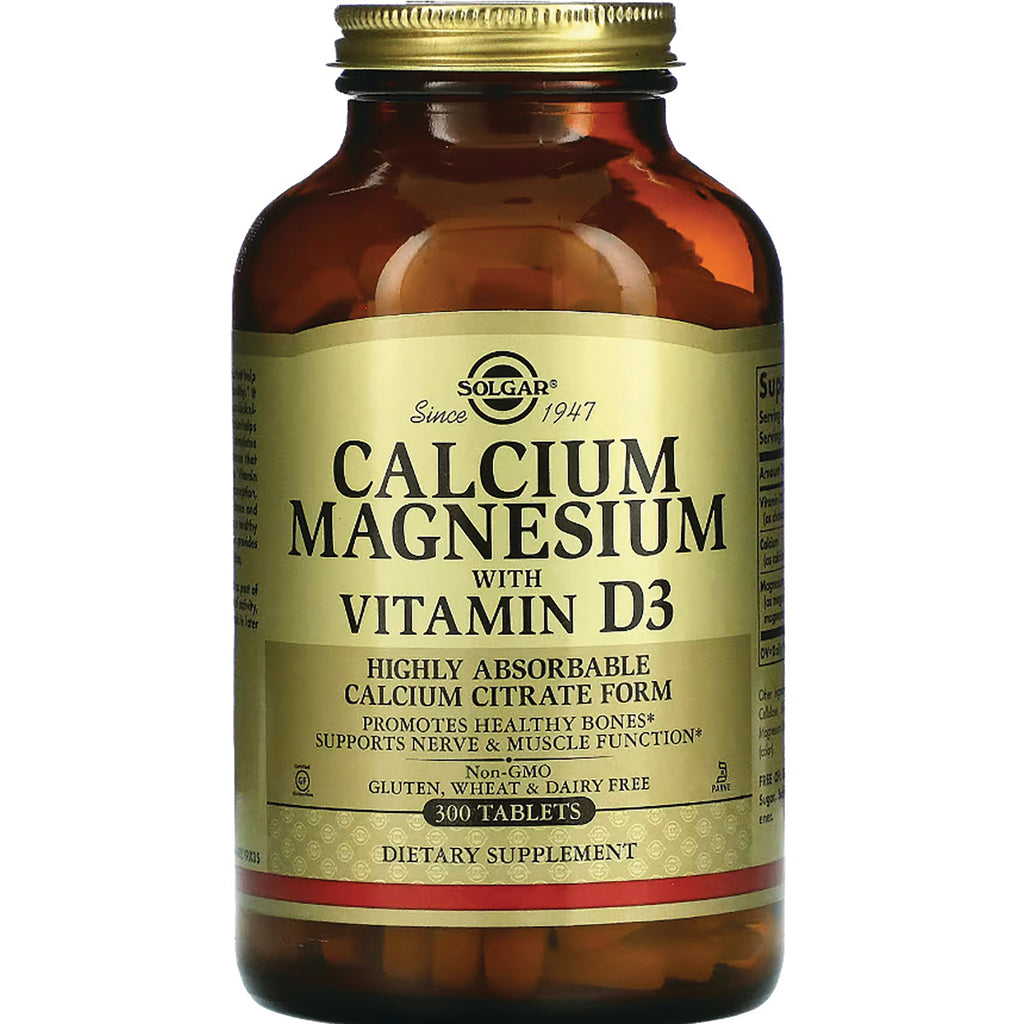 Solgar Calcium Magnesium with Vitamin D3 amber glass bottle labeled 300 tablets dietary supplement - Thumbnail