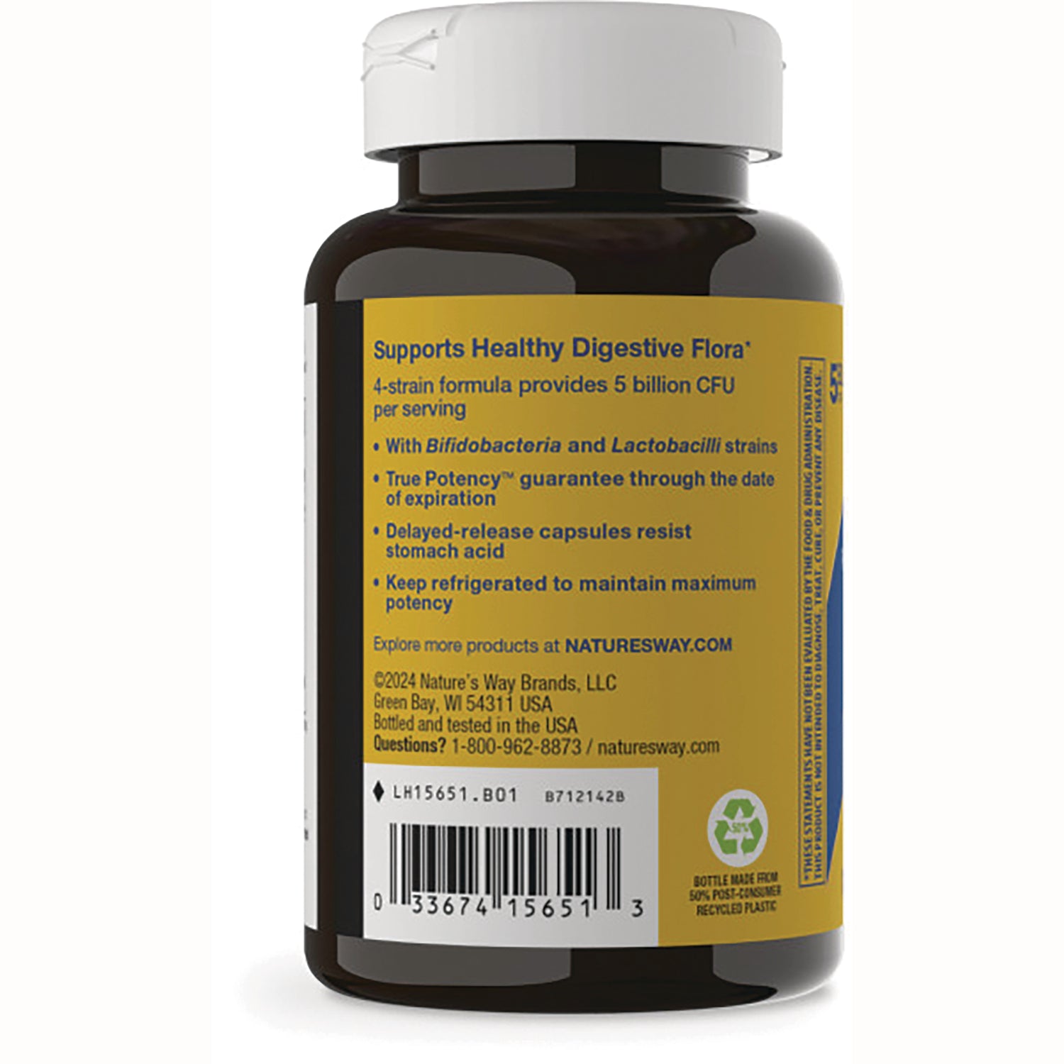 NW801 | Back label of brown supplement bottle with digestive flora benefits, bullet points, barcode and recycling symbol
