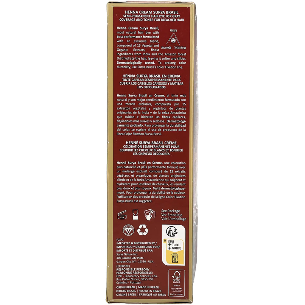 SUR029 | Side panel of Henna Cream Surya Brasil box with multilingual product description and icons - Thumbnail