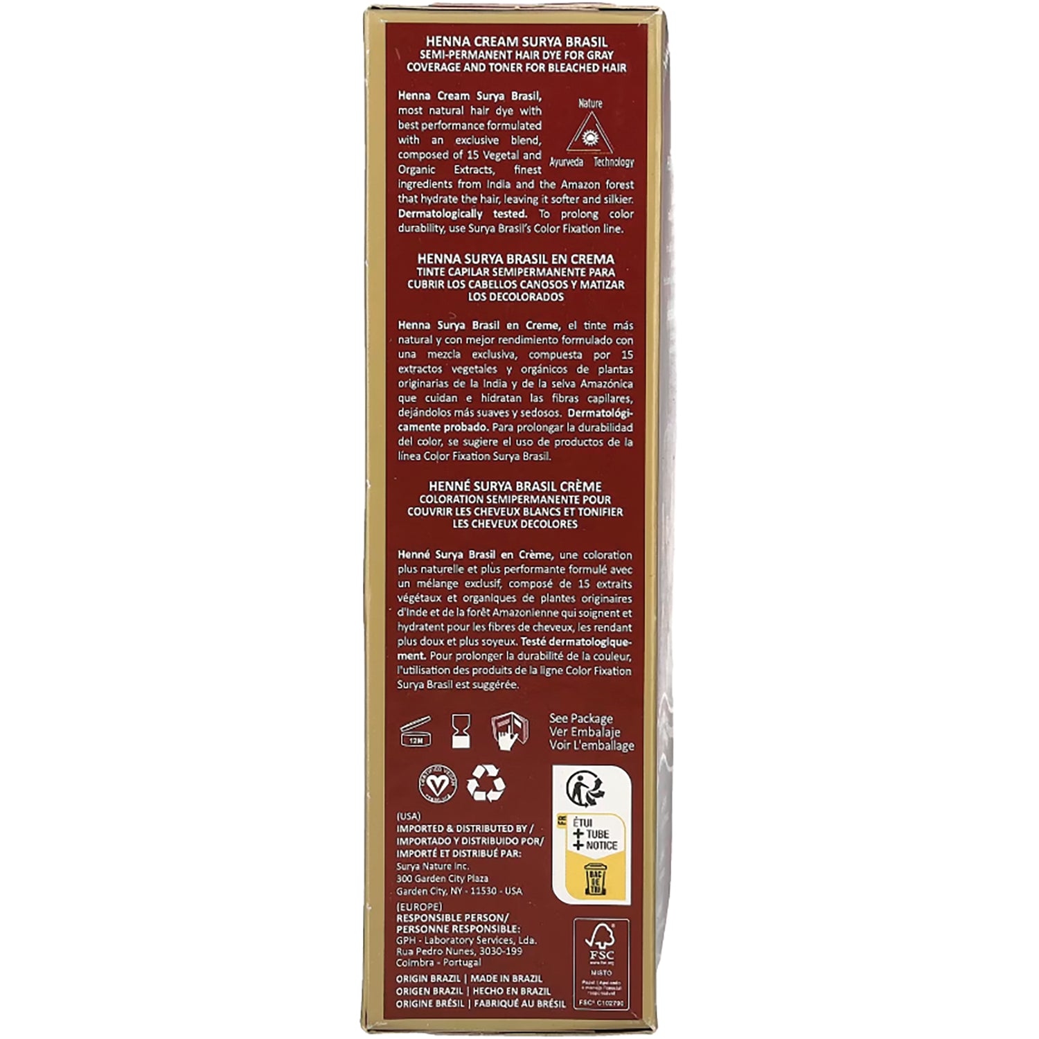 SUR029 | Side panel of Henna Cream Surya Brasil box with multilingual product description and icons
