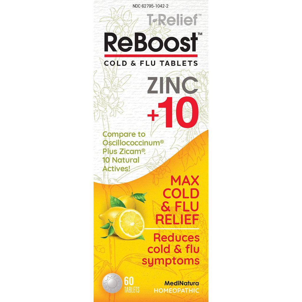 MNA044 | ReBoost cold and flu tablets box showing ZINC +10, lemon image, 60 tablets, MediNatura homeopathic - Thumbnail