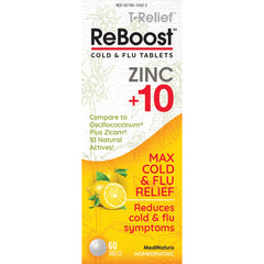 MNA044 | ReBoost cold and flu tablets box showing ZINC +10, lemon image, 60 tablets, MediNatura homeopathic