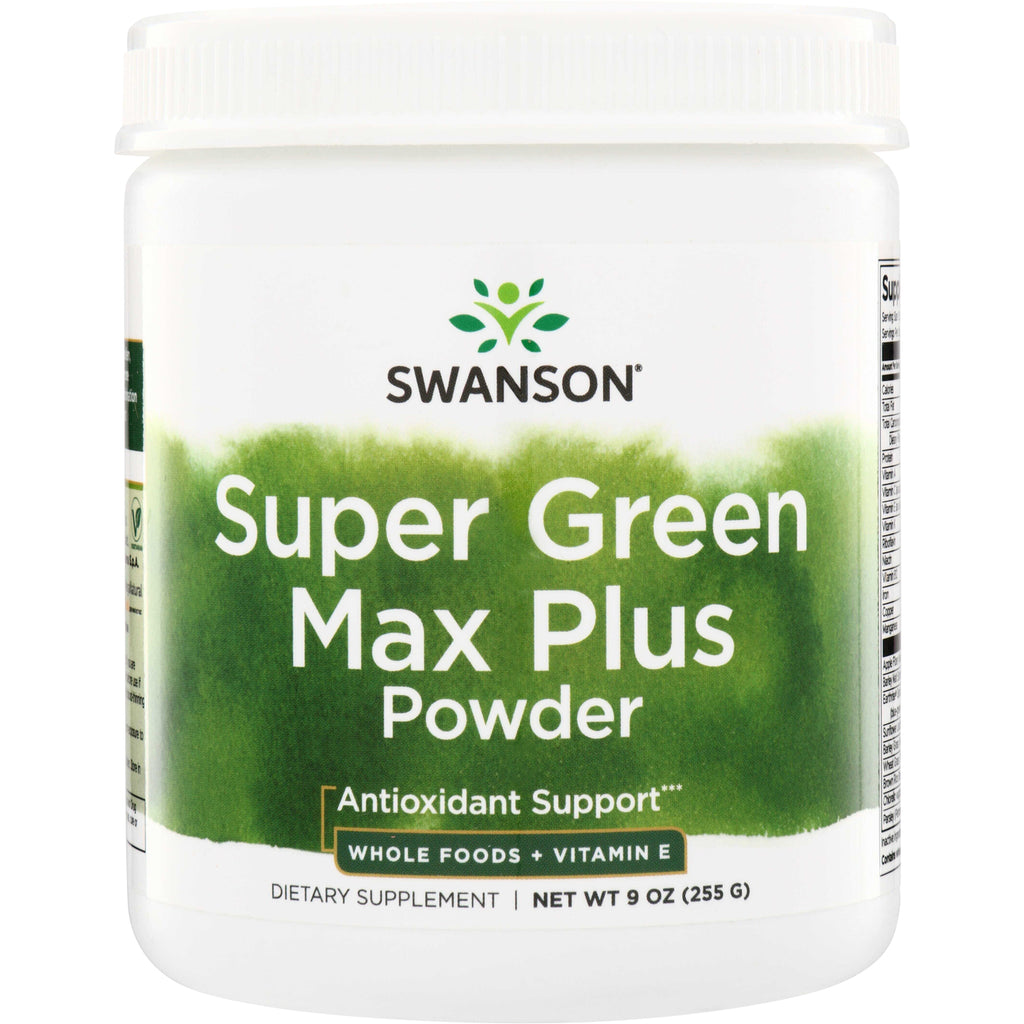 SWR094 | Swanson Super Green Max Plus Powder front label, Antioxidant Support, Whole Foods + Vitamin E, 9 oz - Thumbnail