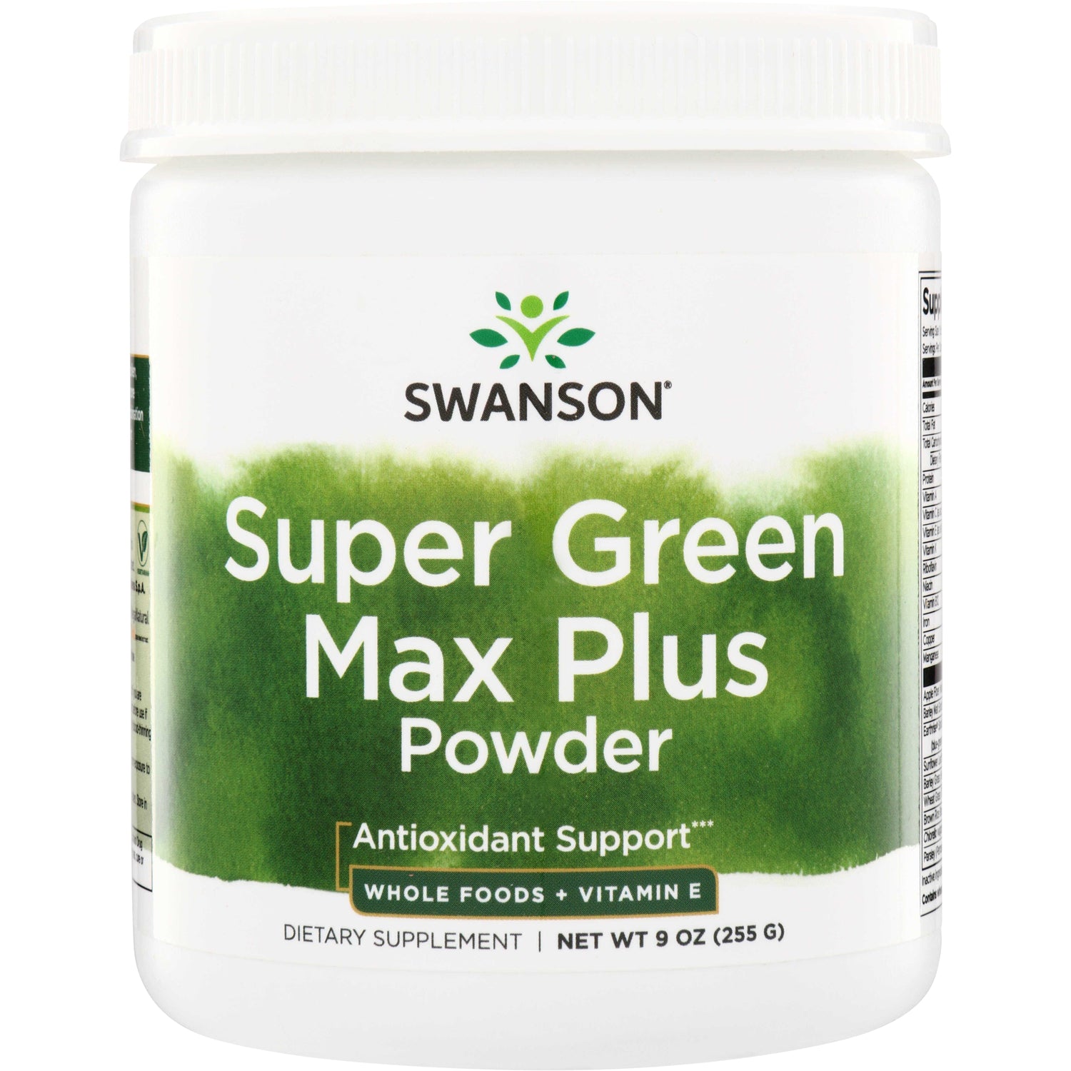 SWR094 | Swanson Super Green Max Plus Powder front label, Antioxidant Support, Whole Foods + Vitamin E, 9 oz