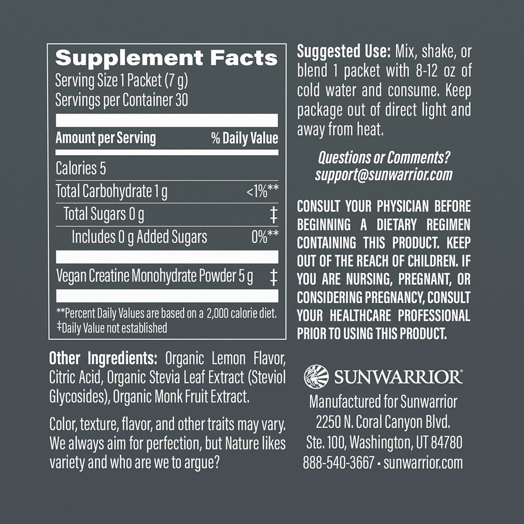 SNW065 | Back label showing Supplement Facts, Suggested Use, and ingredients for vegan creatine monohydrate - Thumbnail