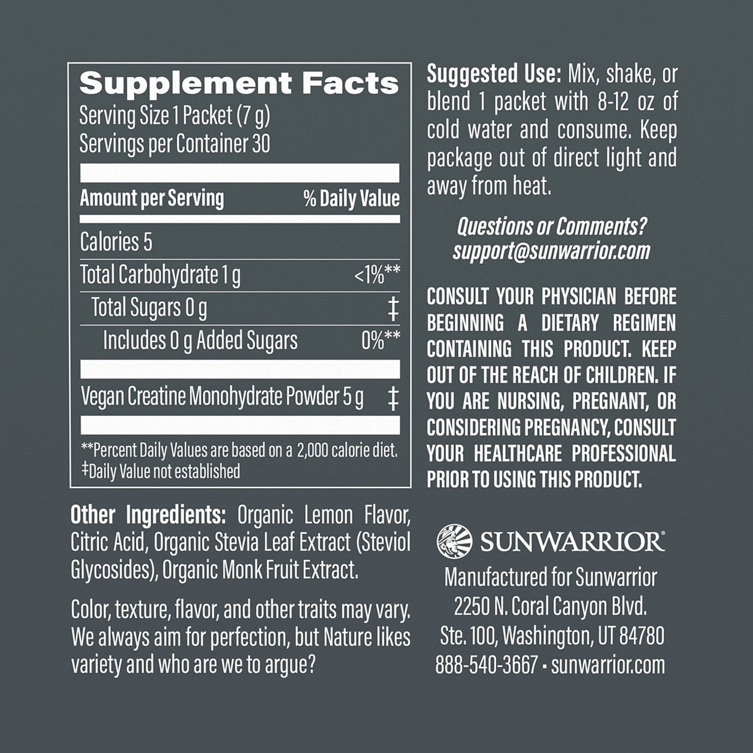 SNW065 | Back label showing Supplement Facts, Suggested Use, and ingredients for vegan creatine monohydrate