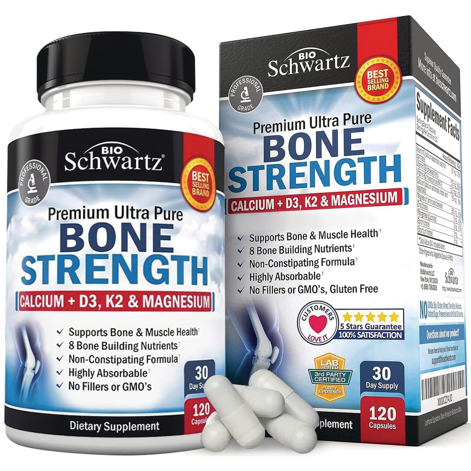 BSZ024 | BioSchwartz Bone Strength supplement bottle and box showing label Calcium + D3, K2 & Magnesium with loose white capsules, 120 capsules