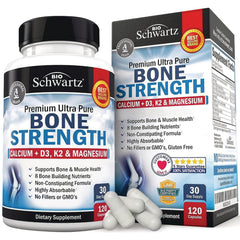 BSZ024 | BioSchwartz Bone Strength supplement bottle and box showing label Calcium + D3, K2 & Magnesium with loose white capsules, 120 capsules