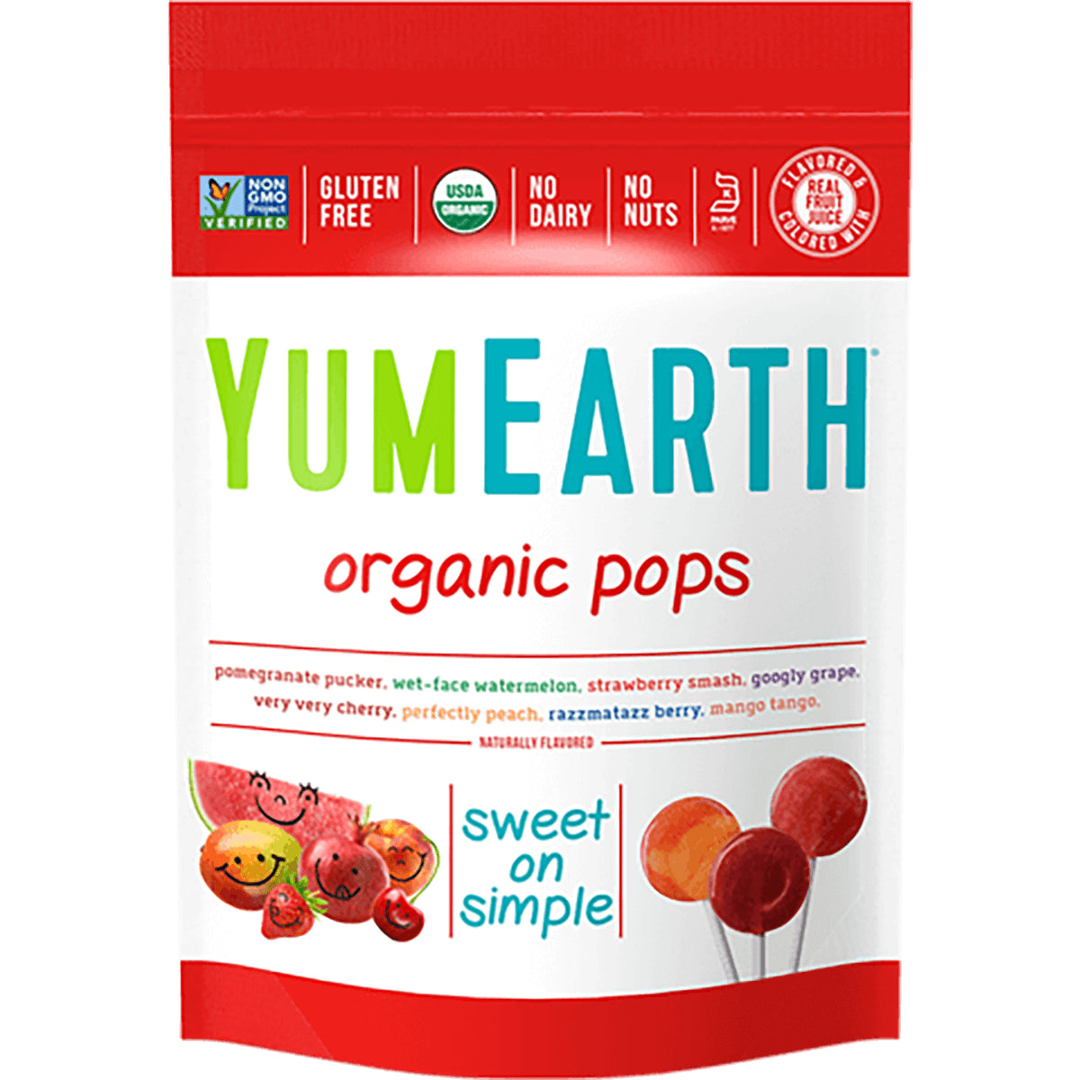 YUM004 | YumEarth organic pops candy bag front, sweet on simple, Non-GMO, gluten free, USDA Organic, no dairy, no nuts