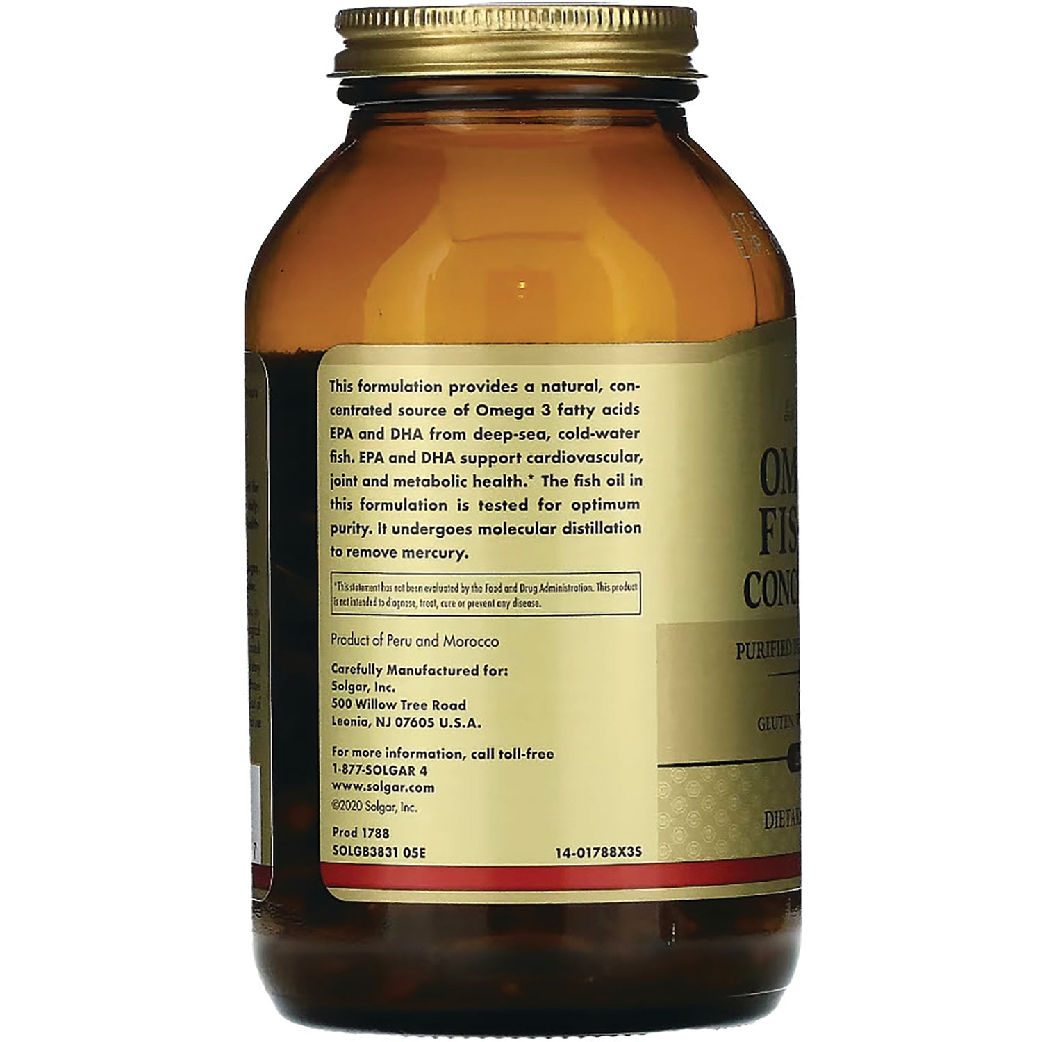 Brown glass supplement bottle back label showing product information, ingredients and manufacturing details