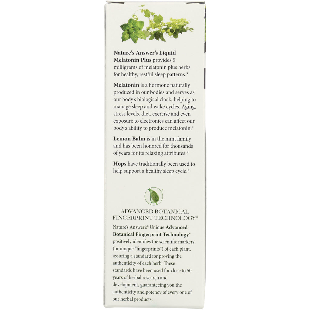 NAT414 | back panel of Nature's Answer Liquid Melatonin Plus box with melatonin, lemon balm, hops descriptions and Advanced Botanical Fingerprint Technology - Thumbnail
