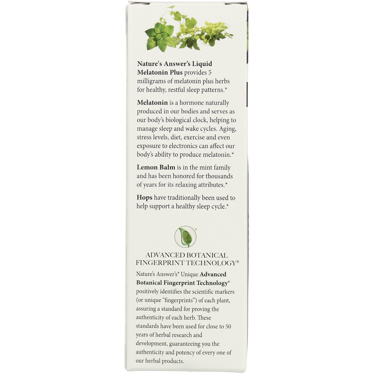 NAT414 | back panel of Nature's Answer Liquid Melatonin Plus box with melatonin, lemon balm, hops descriptions and Advanced Botanical Fingerprint Technology