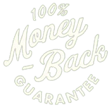 Money-back guarantee text in a decorative font on a white background