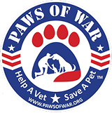 Logo of Paws of War with paw prints and text on a blue background