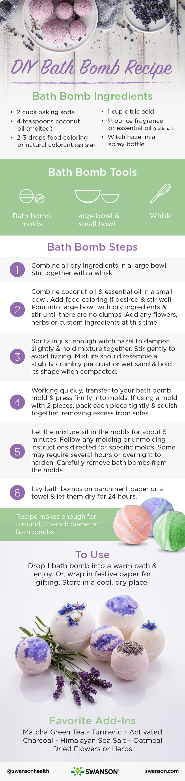 How to Make Bath Bombs - DIY bath bomb recipe infographic Swanson Health