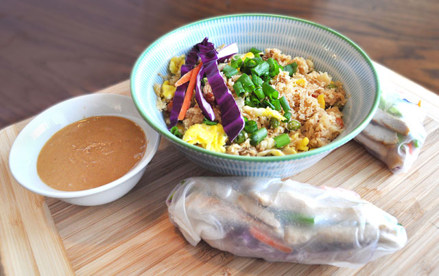 Healthy cauliflower fried rice and spring rolls
