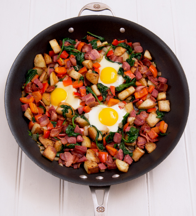 Salami, Bacon and Spinach Breakfast Hash