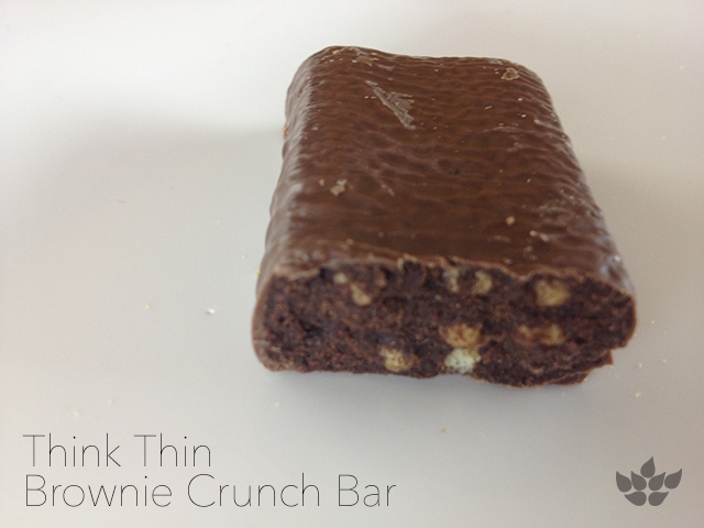 close up review of think thin brownie crunch protein bar