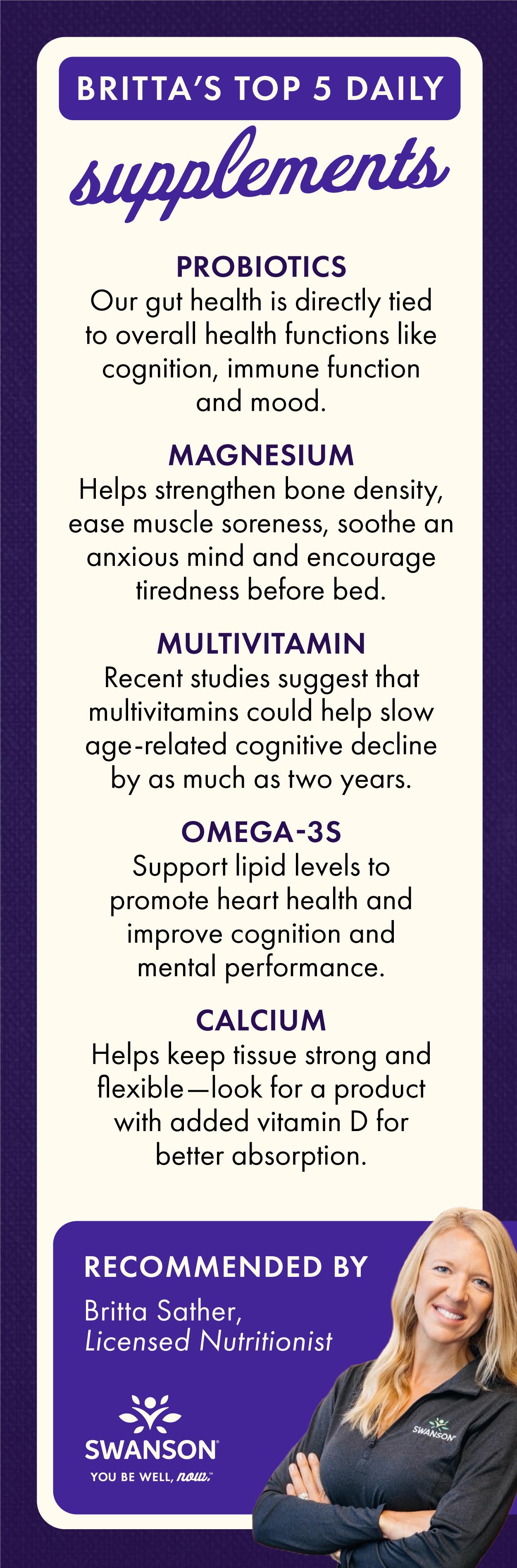 A graphic listing Britta's top 5 daily supplements: Probiotics, Magnesium, Multivitamin, Omega-3s, and Calcium, with benefits for health.